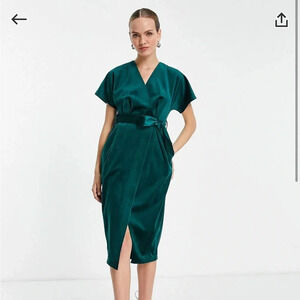 CLOSET LONDON Green Velvet Kimono Sleevelesse pocket belted dress sz 4